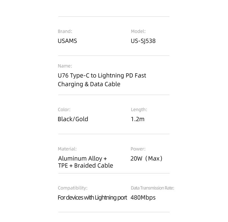 USAMS 6A USB Typ C Kabel LED Indikátor Lightning Kabel Pro iPhone 13 12 Huawei Samsung Xiaomi Mobilní Telefon PD 100W Rychlá Nabíječka