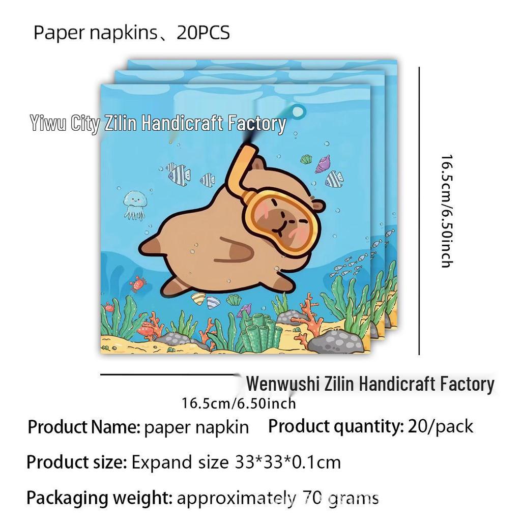 Capybara Cartoon Party Tableware Set: Disposable Tablecloth, Napkins, Plates, Decorations