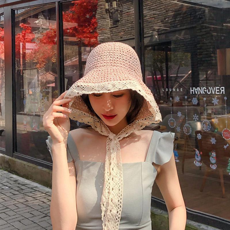 Dame Summer Princess Straw Lace Strap Sun Cap Bøttehatt