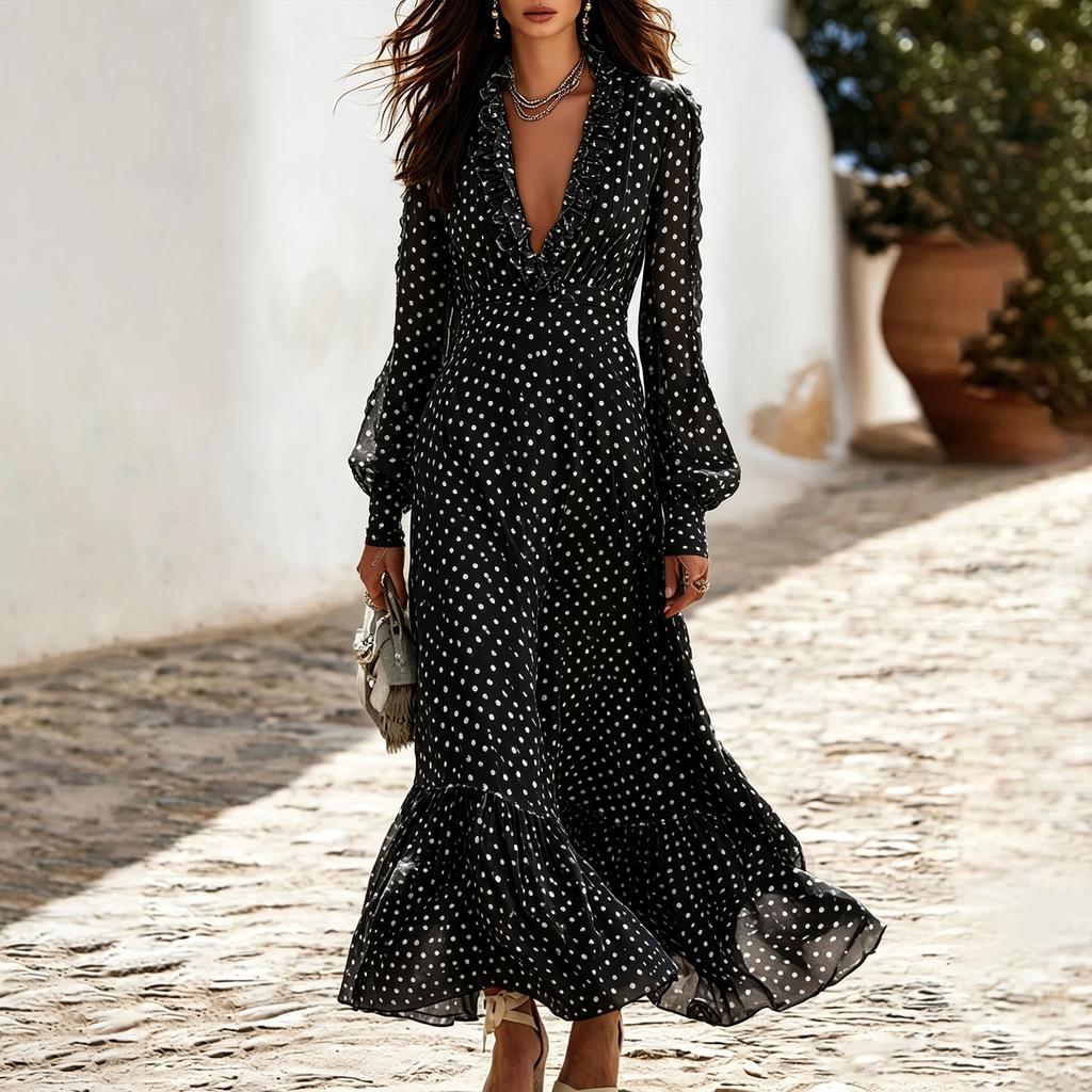 European and American women's clothing new vacation polka dot long dress deep V fungus edge waist long-sleeved dress