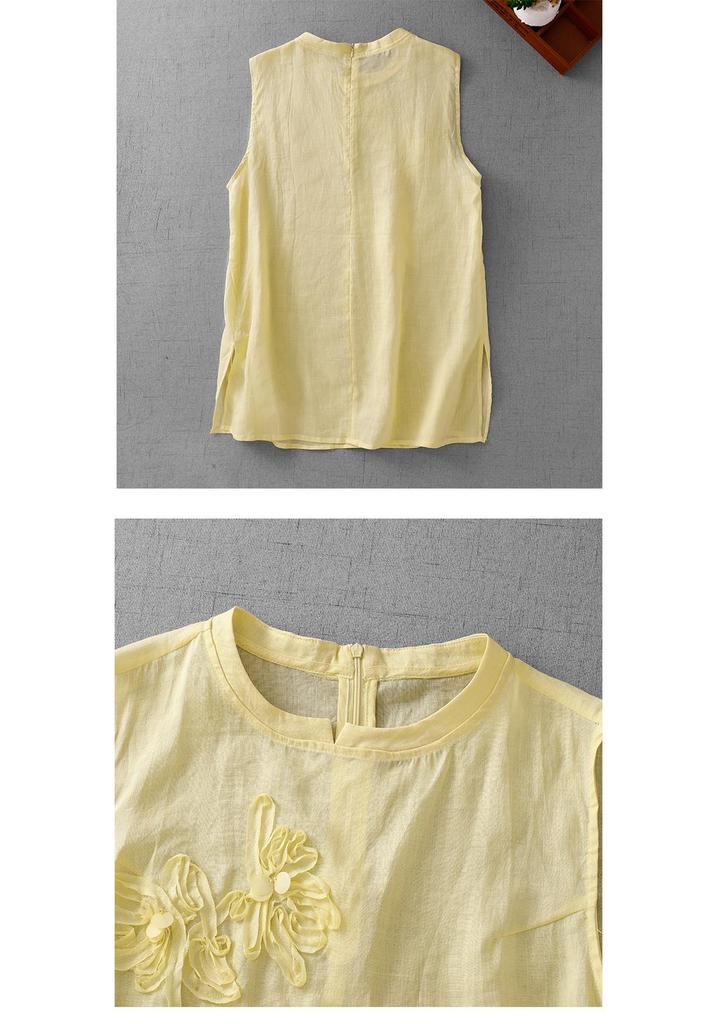 European-Style Floral Embroidered Cotton Linen Sleeveless Top for Women