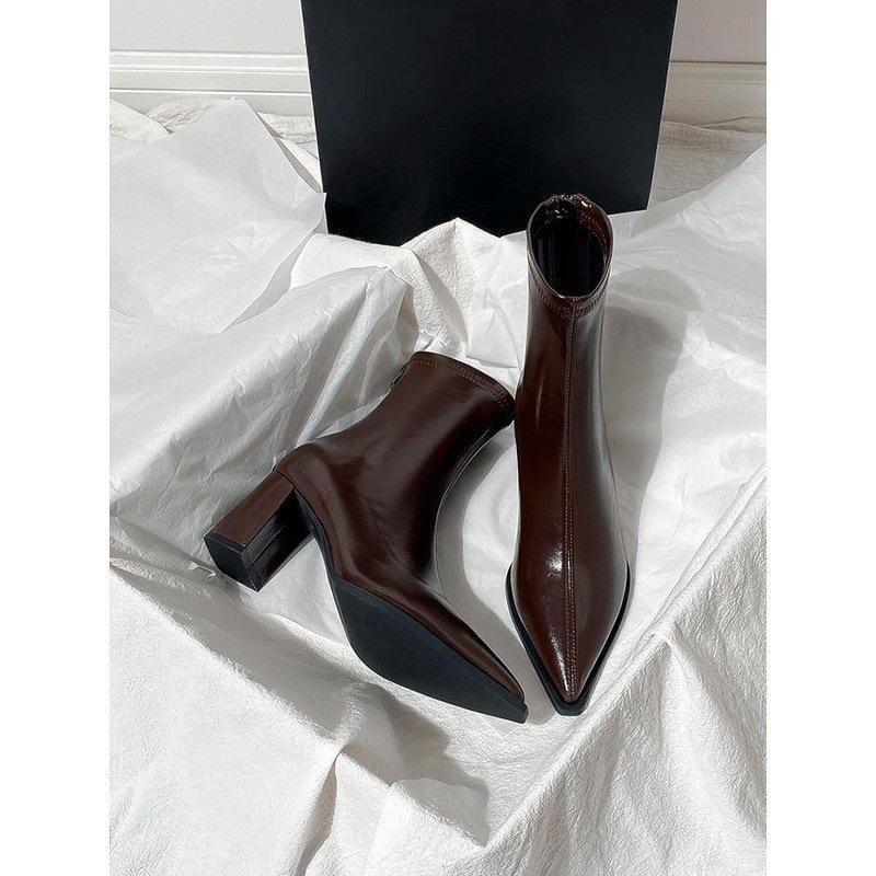 Brown pointed thin boots new versatile French velvet elastic high-heeled short boots thick-heeled ankle boots