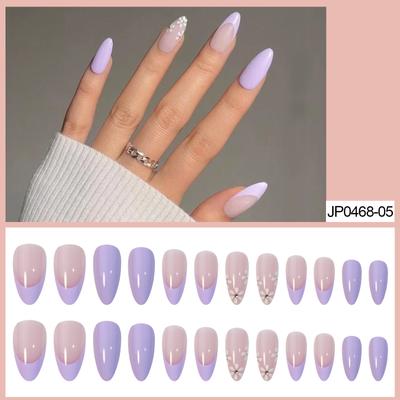 Mandel Kurz Nail Art Wear Nail Lila Blume French Patch Nagel Patch Falsche Finger Aufkleber Verlängerung Nagel