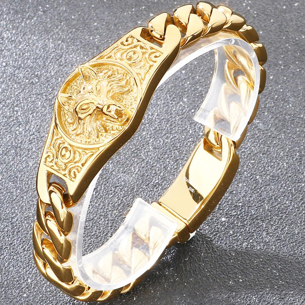 Cool Biker Mens Stainless Steel Wolf Head Curb Cuban Link Chain Bracelet for Men Man Punk Rock Style Jewelry Accessories 19-23CM