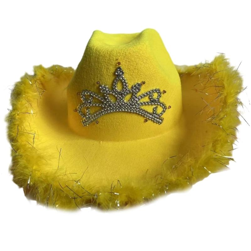 Rhinestones Crown Cowgirl Hat for Woman Male Breathable Cowboy Hats with Plush Trim Banquets Party Photography Hat