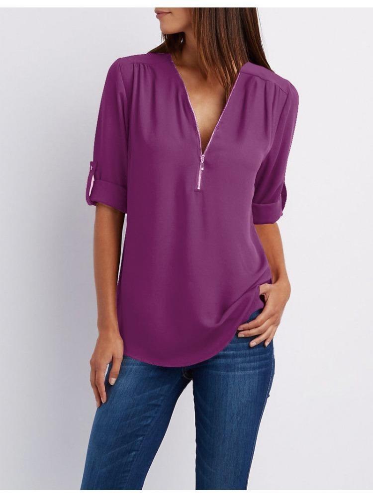 Women's Plus Size Loose Fit V-neck Chiffon Shirt with Long Sleeves and Adjustable Zipper