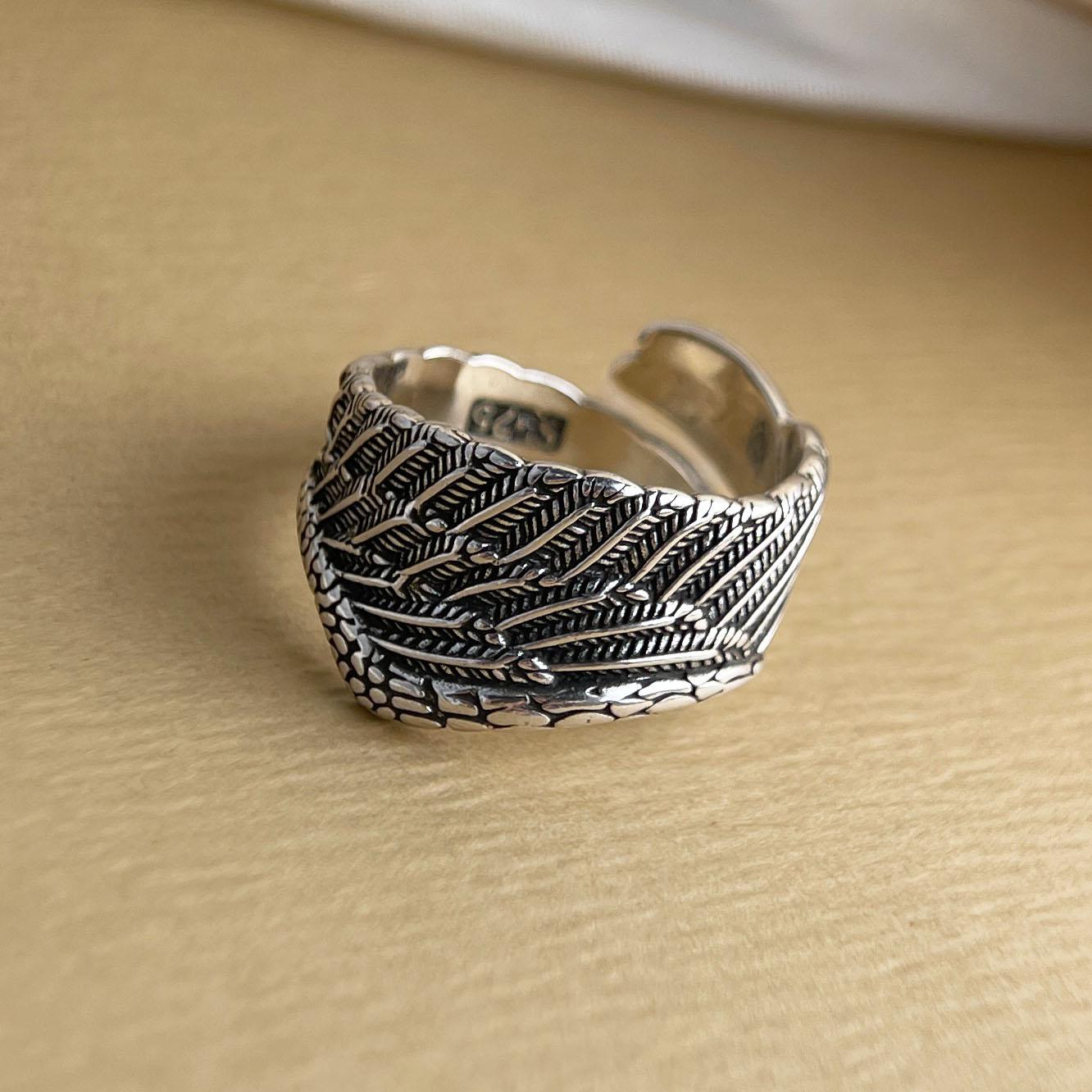 

925 Sterling Silver Rings For Women Geometric Fine Jewelry Finger Adjustable Wide Retro Wing Ring For Party Birthday Gift resizable