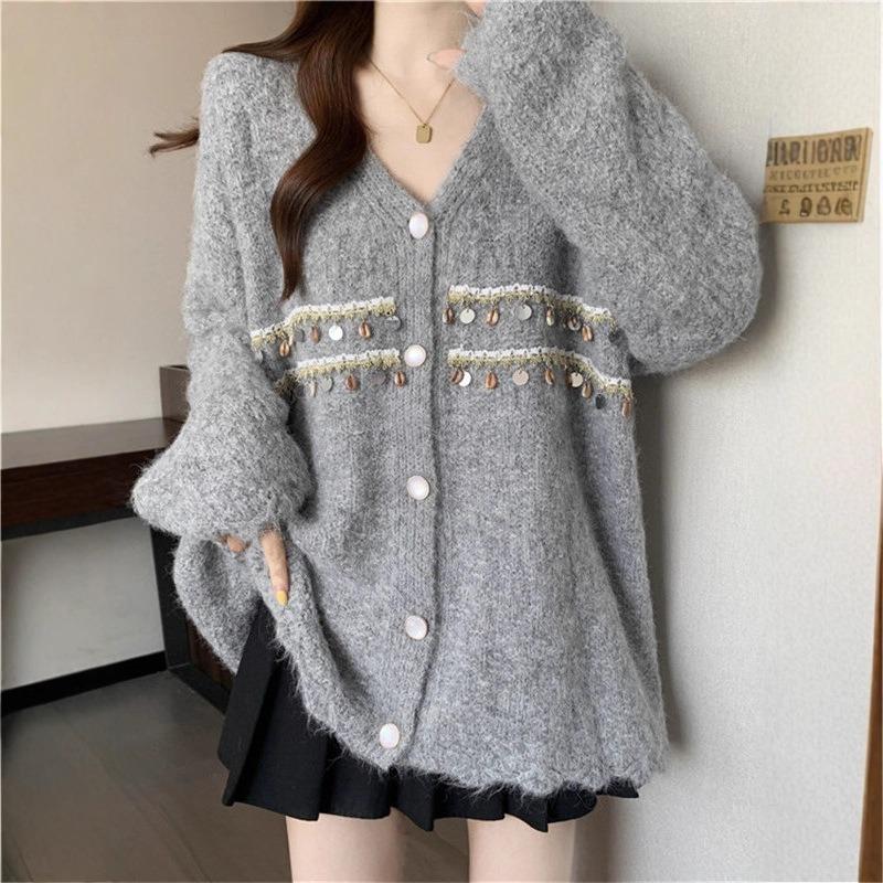 V-neck Sequin Sweater Jacket for Women 2025 Autumn Winter Knitted Cardigan Soft Top