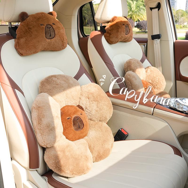 Capybara Plush Car Seat Neck and Lumbar Support Pillow Set