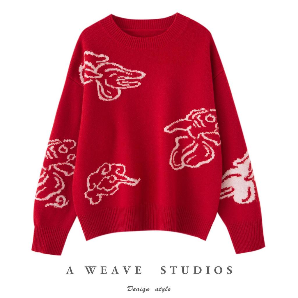 Women's Zodiac Year Red 100% Pure Wool Jacquard Sweater - Cozy, Soft, and Loose Fit