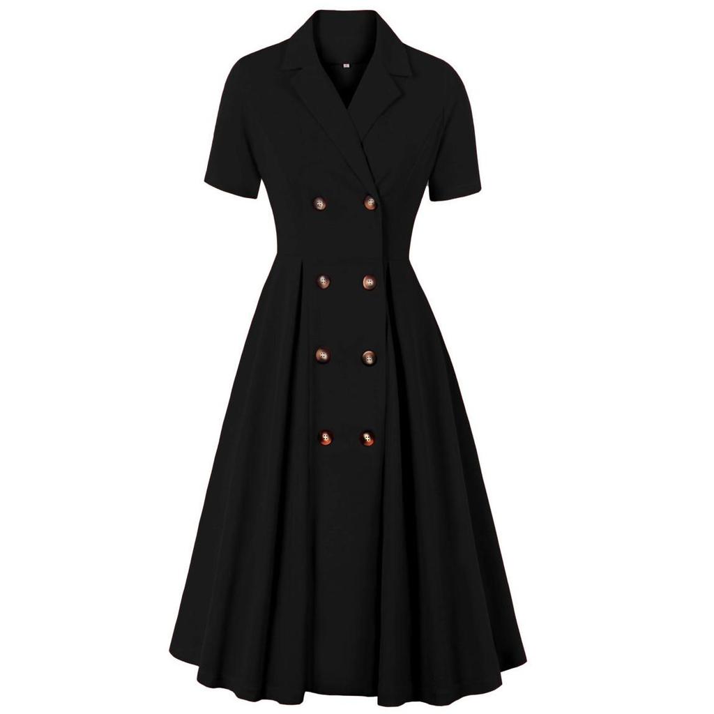 50S Swing Dresses Lapel Collar Short Sleeves Row of Buttons Work Business Office Lady Midi Dress Women's Casual Outfit