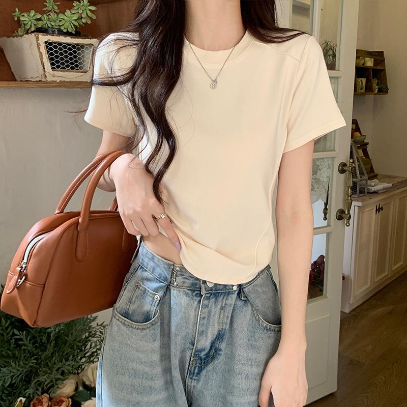 

Круглый вырез, правое плечо, однотонный топ с короткими рукавами для женщин, летний дизайн, неровные изогнутые елочные кости, утягивающая эластичная футболка 2XL