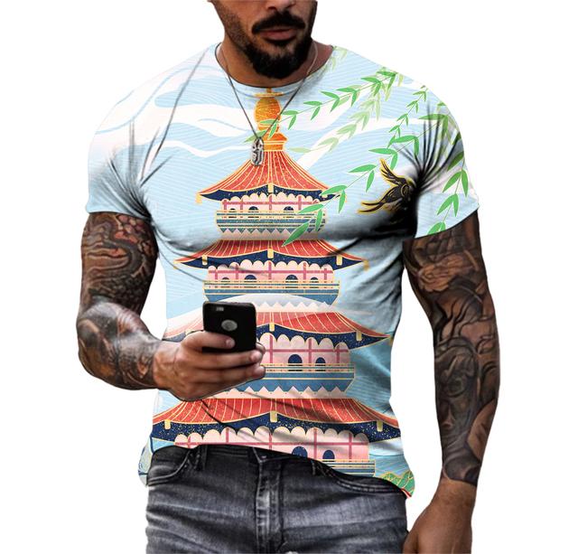 Piękne koszulki męskie z elementami chińskimi, casualowe, z nadrukiem HD 3D, wzorzyste, hip hopowe, Harajuku, z osobowością, z okrągłym dekoltem, z krótkim rękawem