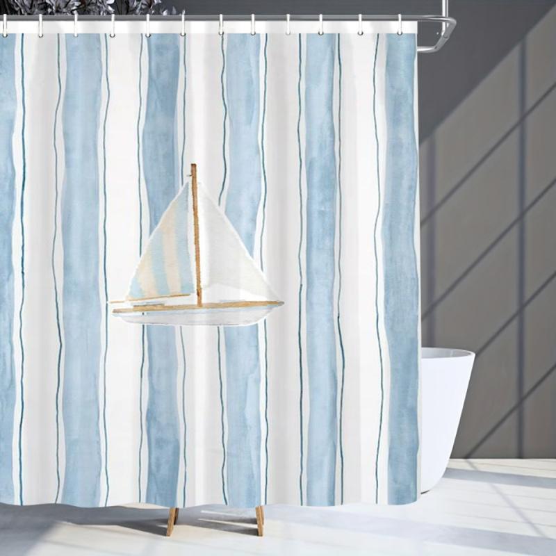 Helenal Vikama 1-Piece Striped Sailboat-Themed Shower Curtain, Home Decor, No-Drill Bathroom Divider, Machine Washable