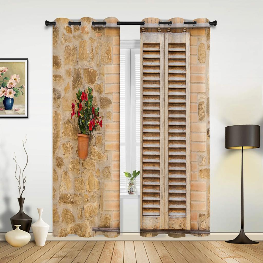 Door Stone and Brick Vintage Window Curtain Drapes Home Decor Living Room Spaces Curtains Kids Room Cortinas Wooden Brown For Kitchen Spaces Bedroom