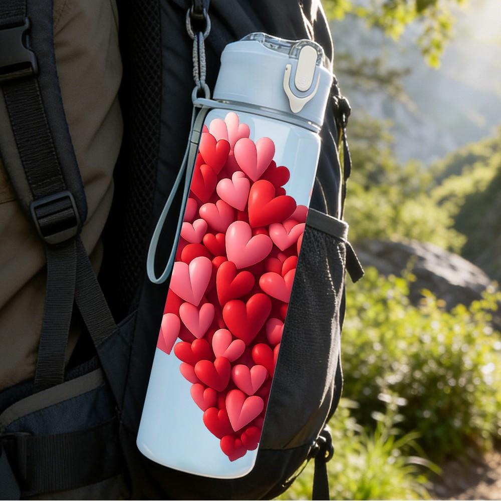 1PC Red Rose Heart Shape Print 750ml Color Plastic Sports Water Bottle Leakproof Flip Straw Lid Suitable for Sports Office Home Use