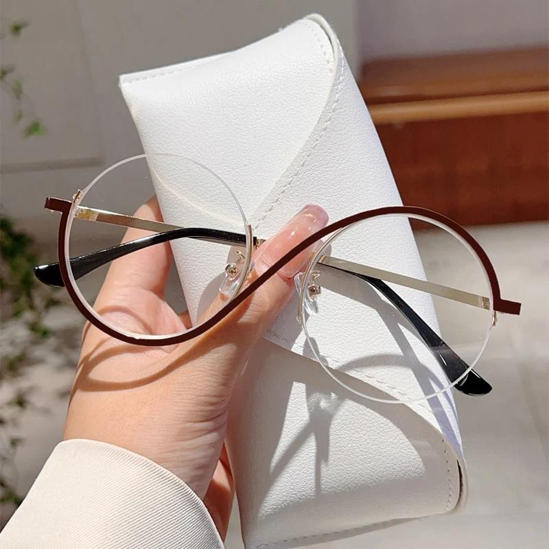Fashion Semi-Rimless Round Frame Women's Ins Brand Design Pink Glasses Blue Light Blocking Retro Metal Decor Eyewear