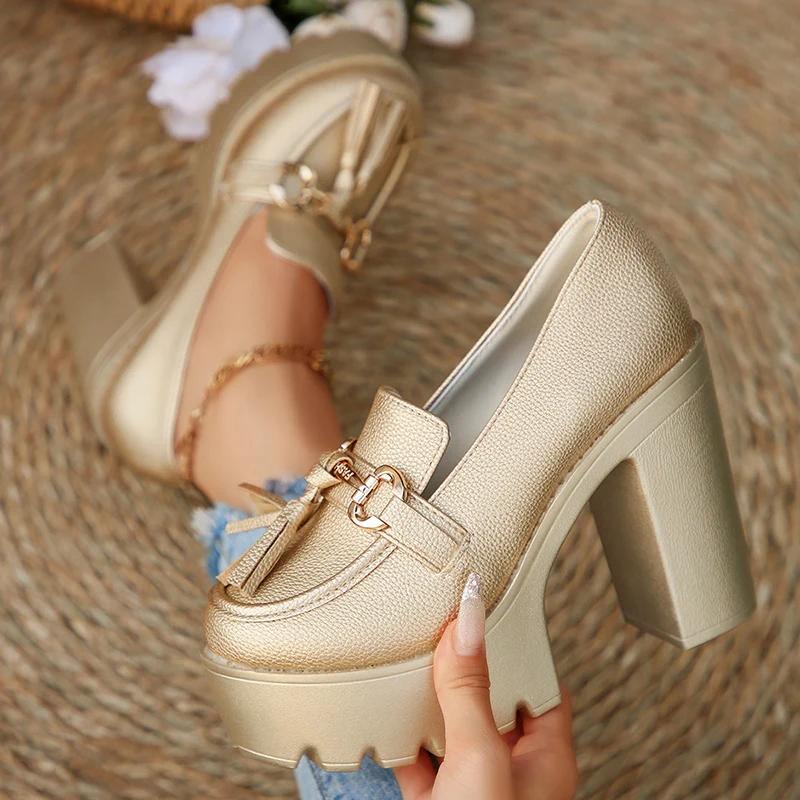 Fashion Tassel Metal Decor Super High Heels Shoes for Women 2025 New Slip On Chunky Platform Pumps Woman Gold Silver Party Shoes