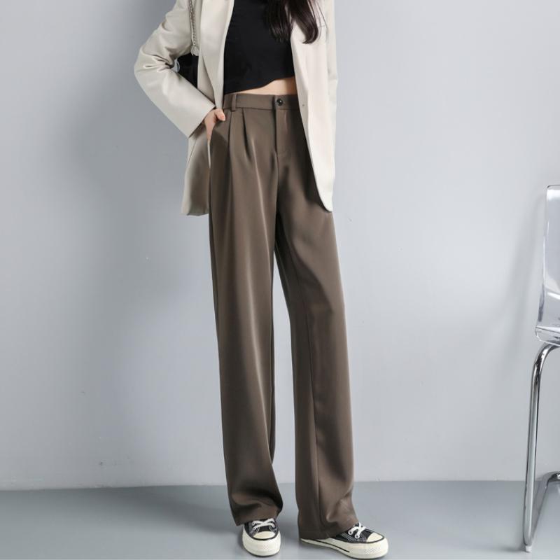 Fashion New Solid Straight Casual Wide Leg Pants Women Elegant Slim Fit High Waist Suit Pants Women Pockets Simple Office Ladies Trousers 25896