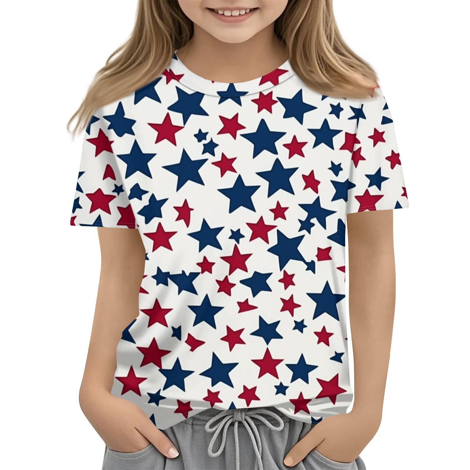 

Kids Fashion Casual Short Sleeve Independence Day Print Round Neck T-shirt Top 150 білий