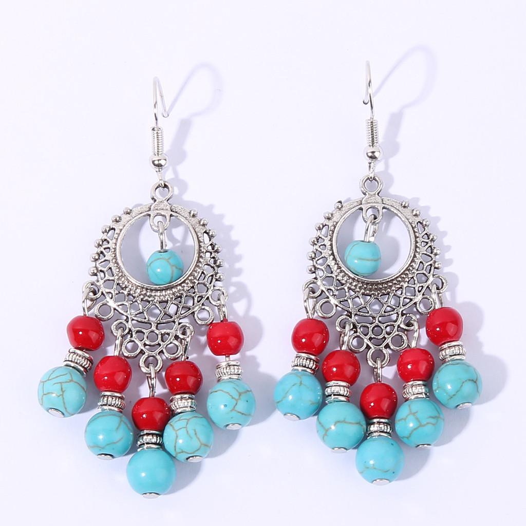 Ethnic Turquoise Simulation Beaded Earrings With Silver Filigree For Wear Daily