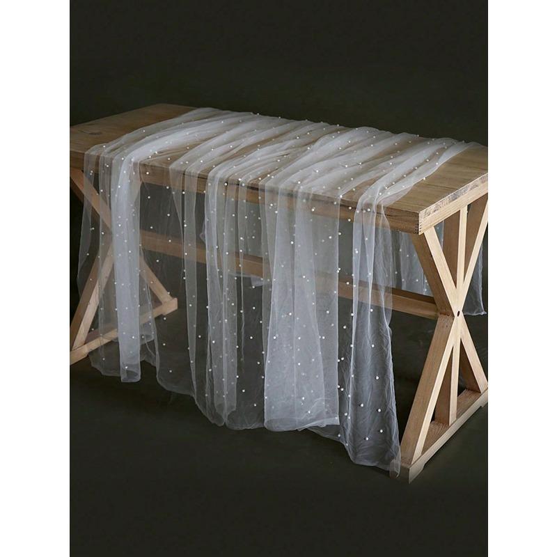1pc Cake Photography Backdrop, Soft Tulle Curtain Fabric, Faux Pearl Organza Dessert Table Cloth, Fairy Style White Lace Background Prop
