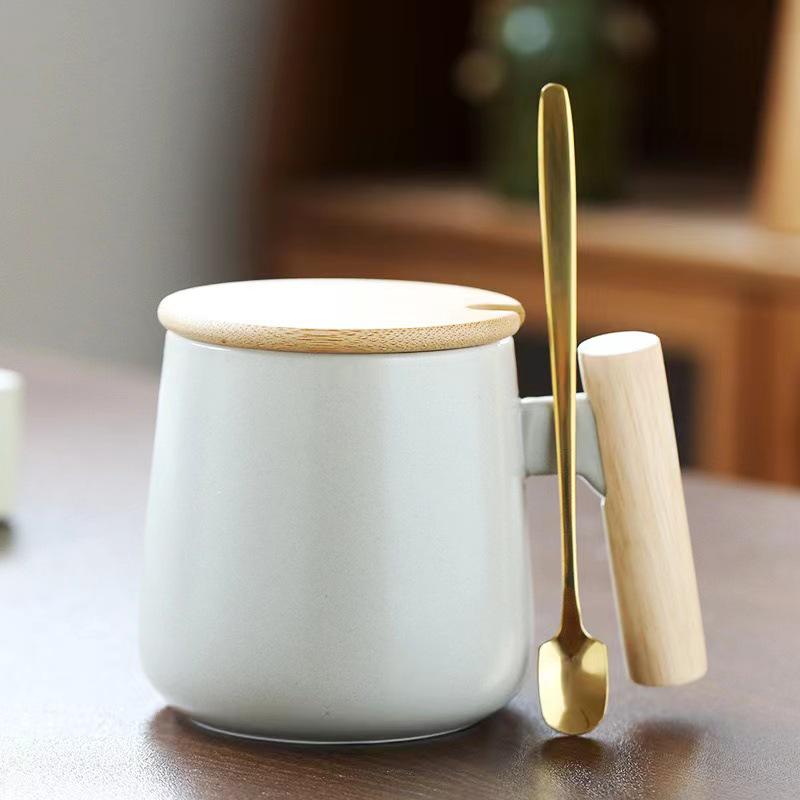 Nordic Ceramic Mug with Lid & Spoon - Wooden Handle, Ideal for Coffee, Office, or Gift with Logo Print.