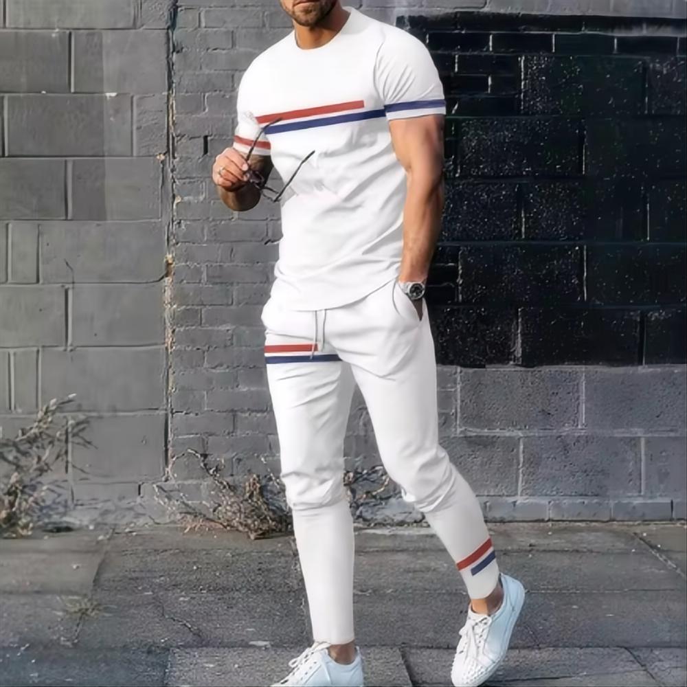 Summer Fashion Striped Simplest Bee Pattern 3D Printed Fashion Short Sleeved T-shirt Long Pants Men's Set