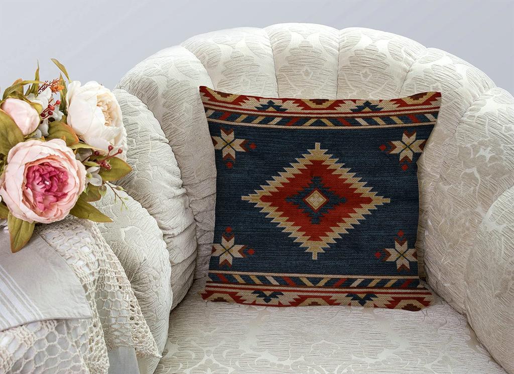 Südwestliche Navajo Kilim Kissenhülle, Blau Rot Geometrisch Bohemian Tribal Heimdekoration (Kein Einsatz)