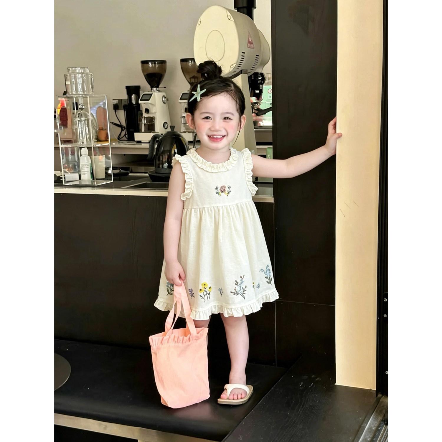 Summer Girls Thin Embroidered Sleeveless Princess Dress Sweet Ruffle Hem Vest Dress 80