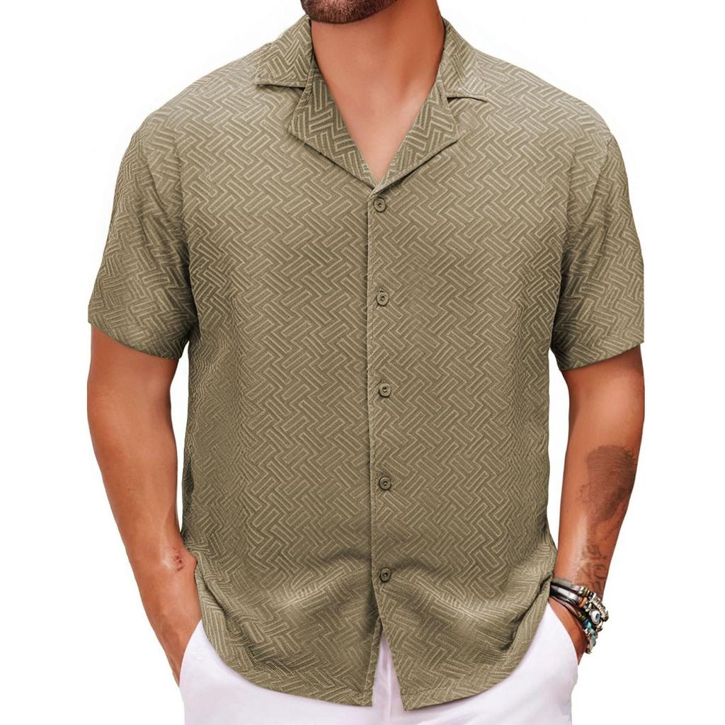 Men's Summer Casual Flower Shirt Fabric Cuban Collar Short Sleeve Shirt