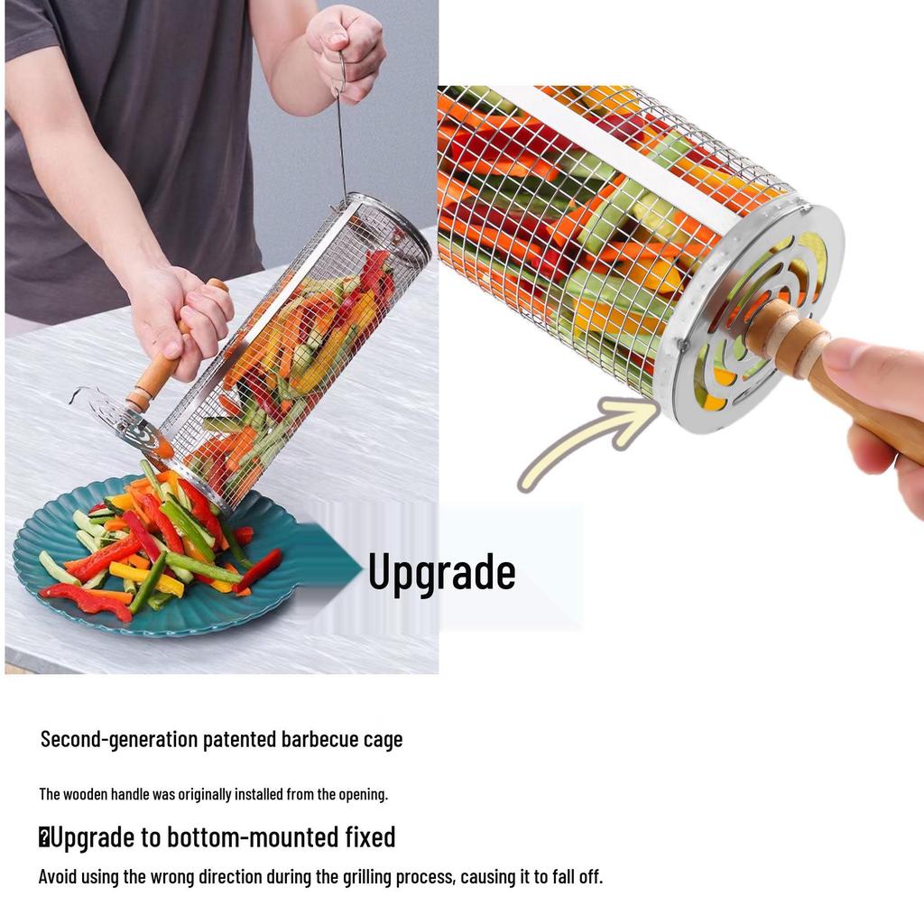 Stainless Steel Outdoor BBQ Grill Basket Cylinder - Portable Rolling Barbecue Cage Net
