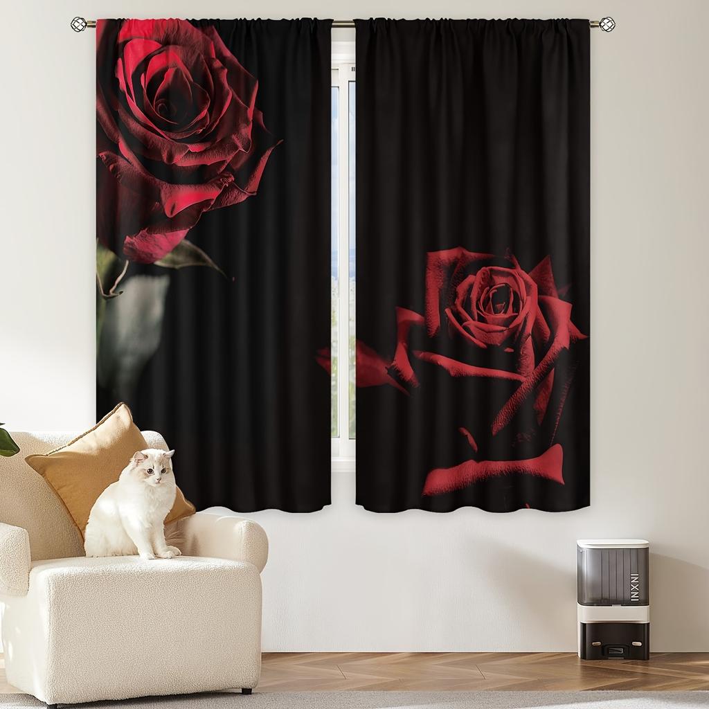 2pcs Elegant Lions And Romantic Rose Print Curtains For Home Decor For Bedroom Office Kitchen Living Room Study Decor Rod Pocket
