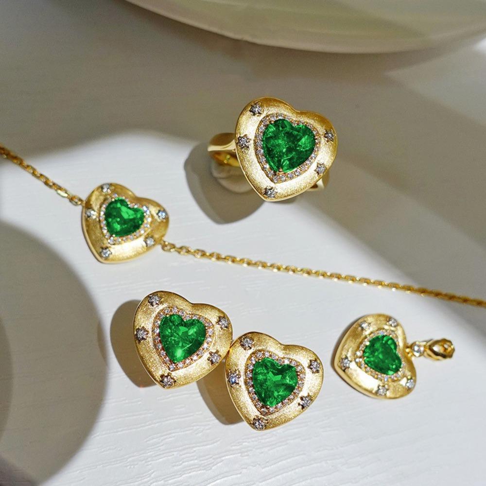 Women Fashion Jewelry Set Italian Gold Plated Heart Ruby Red Necklace Ring Earrings Bracelet Combo