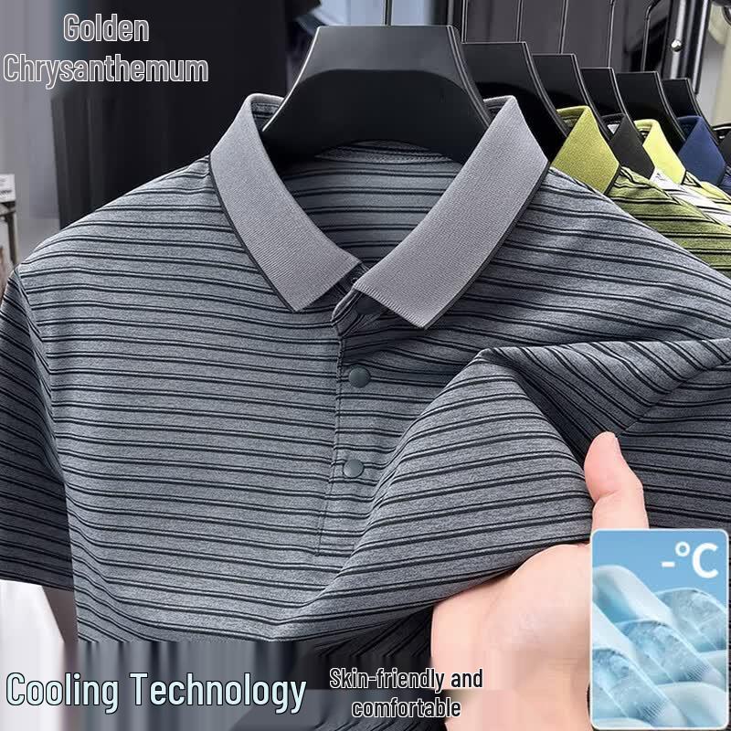 Jinjuan Men s Ice Silk Cooling Striped Polo Shirt 110/L