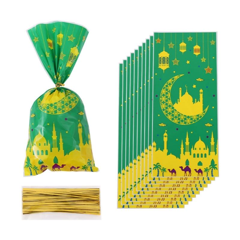 100pcs Eid Mubarak Gift Bags with Rope Moon Stars Biscuits Packaging Holder