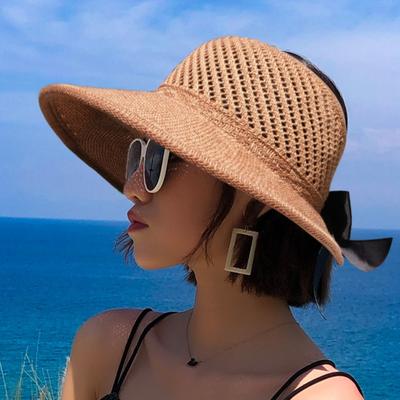 Sommer Kvinner Solhatt Mote Storbrem Sløyfe Sammenleggbar Stråhatt Utendørs Solkrem Strandhette For Damer Kvinnelig UV-beskyttende hatter