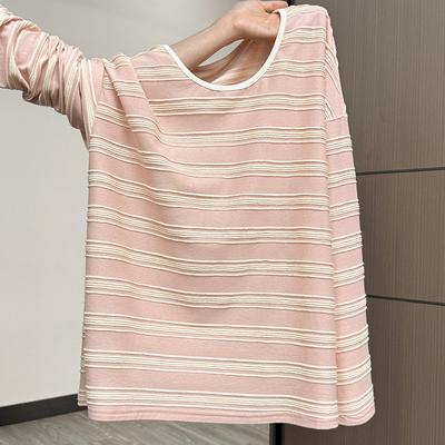 Pink Striped Sunscreen Long-sleeved Blouse T-shirt Women's Spring Summer 2026 New Relaxed Lazy Wind Loose Top