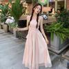 Fresh and Sweet Vacation Style Slim Fairy Long Dress Summer Design Pink Dating Tube Top Suspender Dress Woman