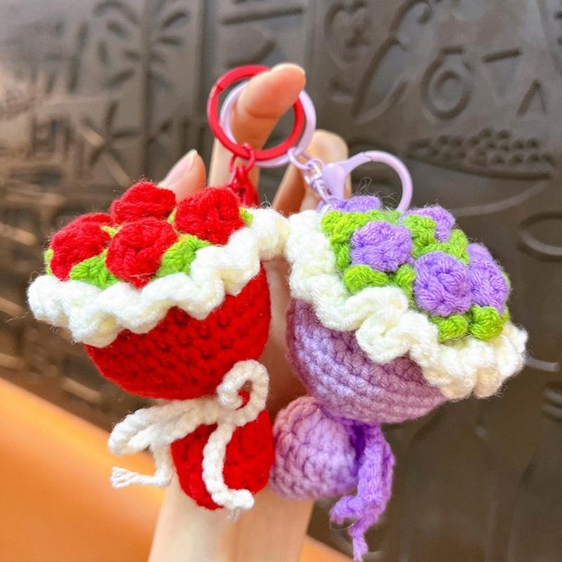 Handmade Crochet Flower Keychains Purse Bag Accessories Key Charm Car Keyrings Valentines Gift Bouquet Keychain Women