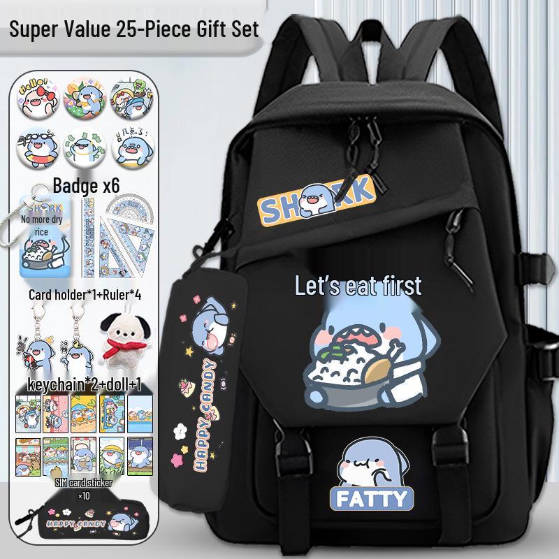 Fatty Shark Large Capacity Lightweight Backpack for Grades 3-6 and Junior High, Shoulder Protection, Cute Design for Boys & Girls