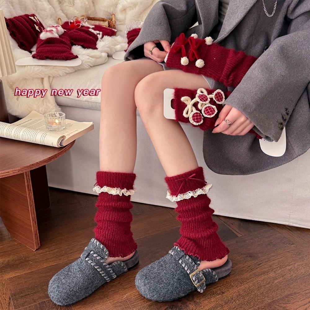 New Red Color Leg Warmers Thickened Bow Middle Tube Socks Harajuku Knitted Hosiery Autumn and Winter