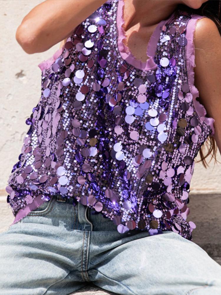 Women's Sequined Round Neck Sleeveless Vest Women's Festival Green Vest 2026 New Model