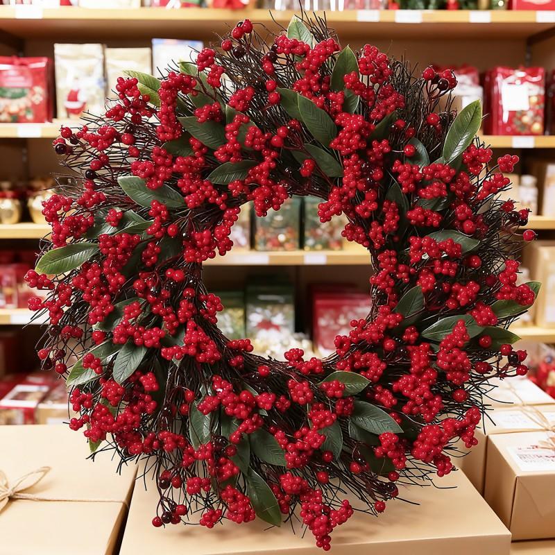Artificial Holly Wreath With Red Berries Green Leaves Christmas Door Decor 45cm 50cm Plastic Handmade American Style