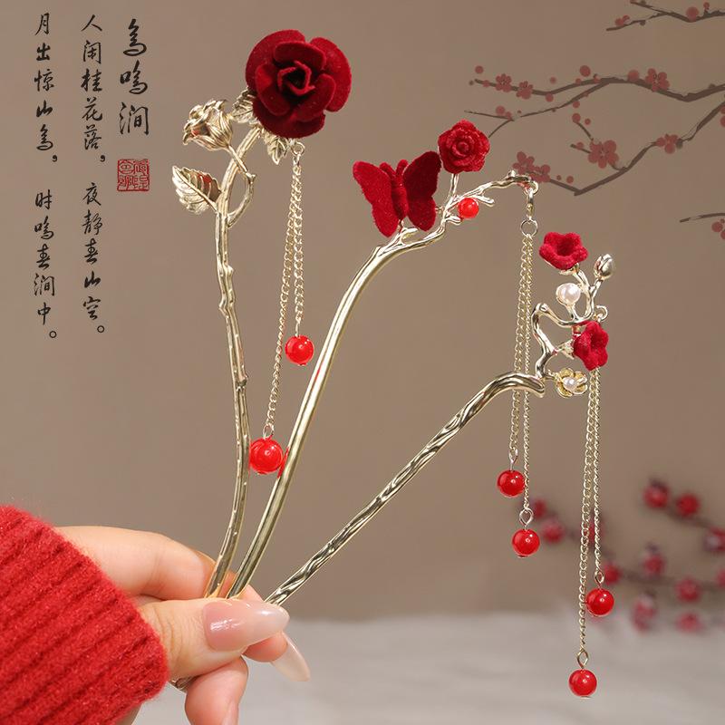 Vintage Chinese Style Rose Hairpin For Women Red Flower Element Tassel Hair Stick Elegant Exquisite Handmade Hair Accessories