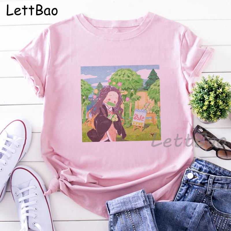 Nezuko Kimetsu No Yaiba Funny Graphic Pink T Shirts Women Vintage Anime Print Tee Shirt 90S