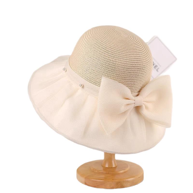 Summer Seaside Sunscreen Straw Hat Women's Big-brimmed Sun Hat Showing Face Small Bucket Hat Pearl Bow Beach Hat