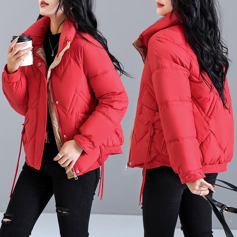 Korean version of fashion lingge literary and artistic loose plus size short down cotton jacket women's 2025 stand-up collar thickened padded jacket