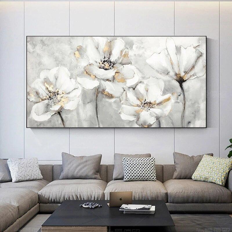 Modern Abstract White and Golden Flower Canvas Painting Prints and Posters Wall Art Pictures for Living Room Home Decor No Frame