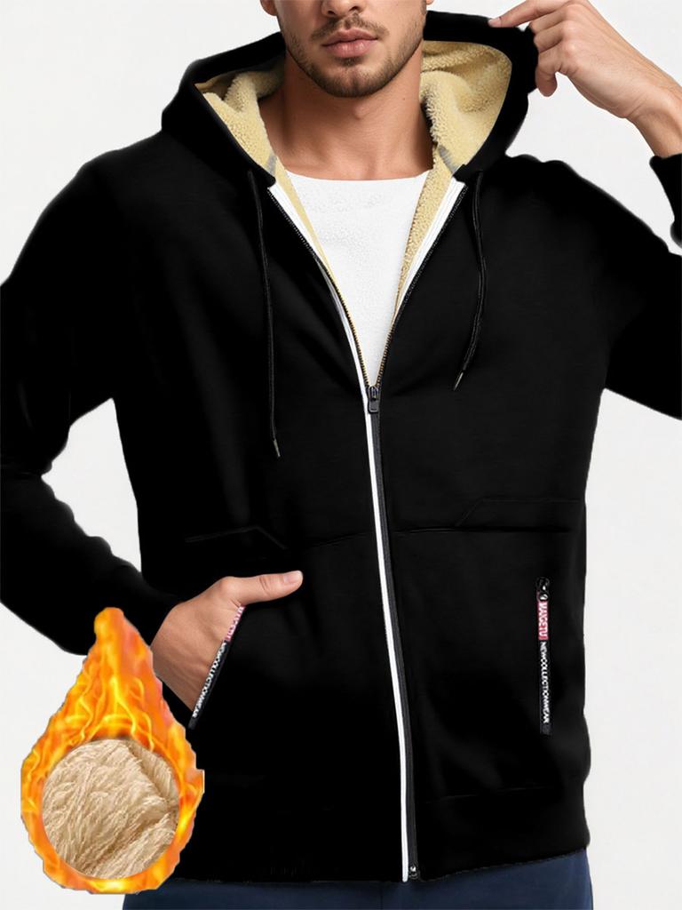 Autumn New Men's Casual Fleece Lined Hooded Zipper Sweatshirt Jacket Solid Color Warm Sportswear Male Fashion Outerwear